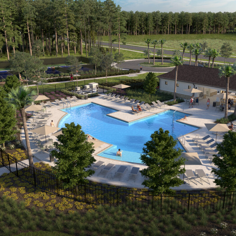 Daytime rendering of the resort-style pool at Pasadena Woods, part of a community of new homes near Wesley Chapel, FL